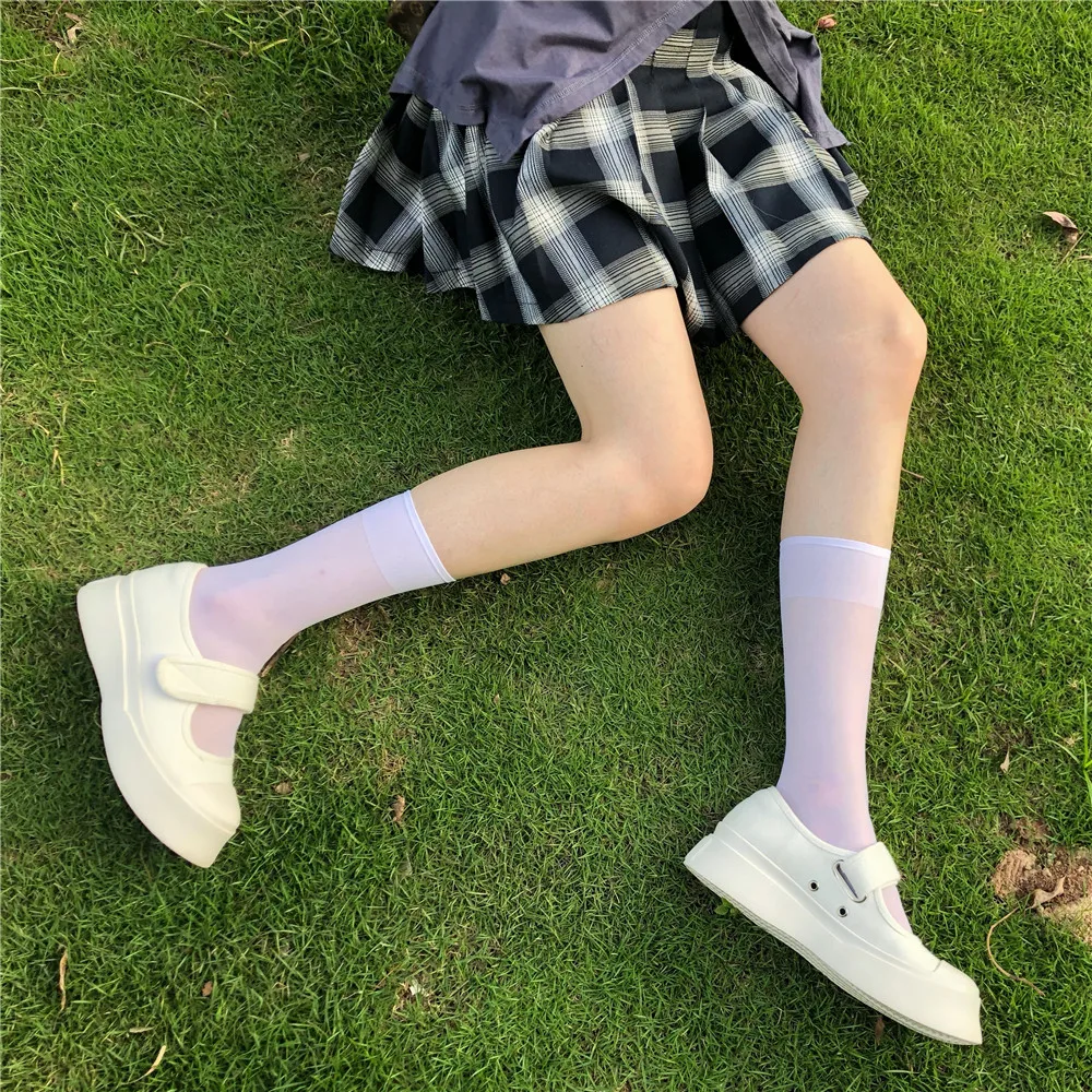 Letná Tenká Ženy Ponožky Transparentné Kolená Vysoké Ponožky Žena Japonsko Dlhé Hodvábne Ponožky Nohu Elsatic Streetwear calcetines 0