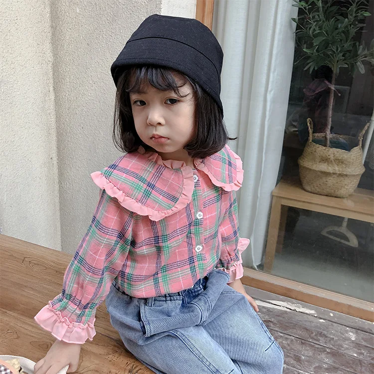 Dievčatá pribrala fleece bunda, tričko 2020 deti baby pink kockovaná bábika golier košele z bavlnené tričko továreň na priamy predaj 0