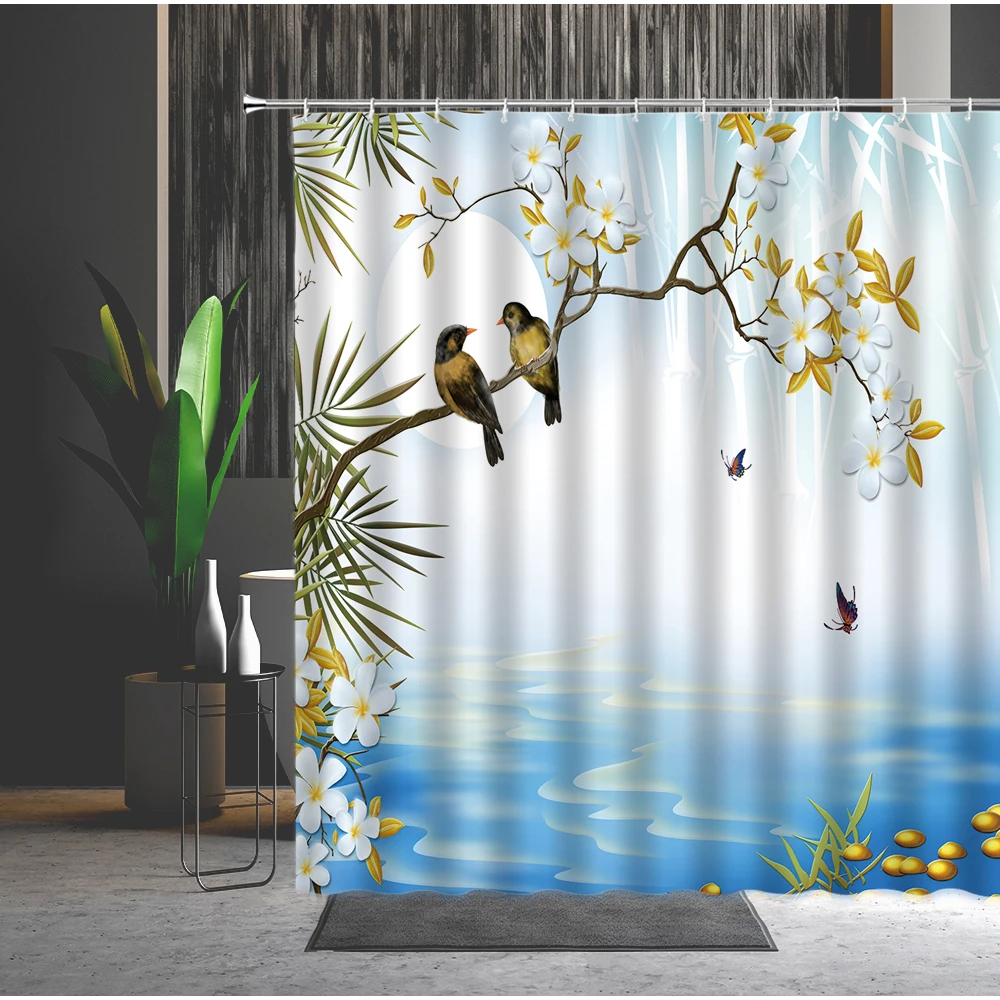 Čínsky Štýl, Sprchový Záves Kvet, Vták, Konáre Listy, Modrá Obloha Kreativity 3D Tlač Nepremokavé Kúpeľňa Opony Set S Háčikmi 1