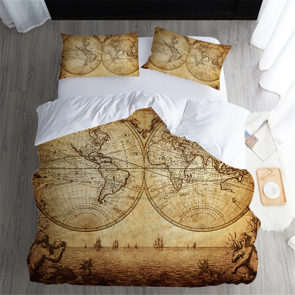 Vintage 3D Tlač Mapa Sveta posteľná bielizeň Nastaviť Perinu Jeden Kráľ, Kráľovná Veľkosť Deky Kryt Cumlík Kryt Set 2/3ks Obliečky 2