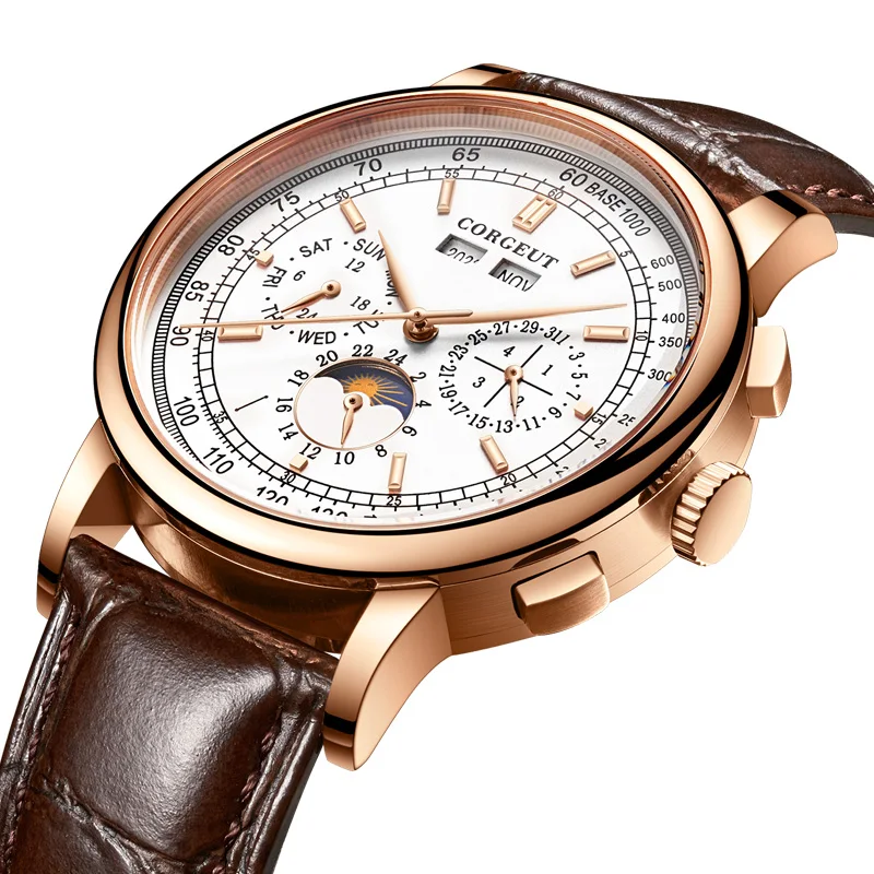Top Corgeut 42mm mechanické náramkové hodinky Fázy mesiaca rosegold Biela Dial Rok, Deň, Mesiac, Týždeň SS 316L Prípade Automatické hodinky mužov 0