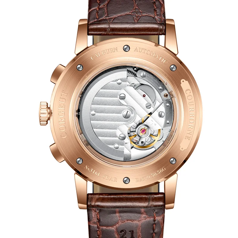 Top Corgeut 42mm mechanické náramkové hodinky Fázy mesiaca rosegold Biela Dial Rok, Deň, Mesiac, Týždeň SS 316L Prípade Automatické hodinky mužov 4