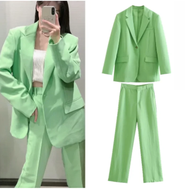Za Oblek Dámy 2021 Solid Farba Zelená Kancelária Bežné Dlhý Rukáv Prímestských Vrecká Na Zips, Módne Elegantný Oblek Dámy 1