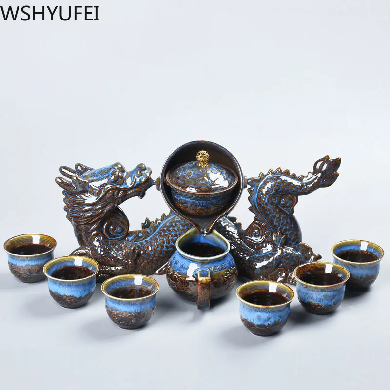 8 ks/súbor keramiky Lenivý Človek Čaj Nastaviť Prenosné semi-automatické čaj infuser Oolong teacup filtračné kanvicu Domácnosť, porcelán teaware 3