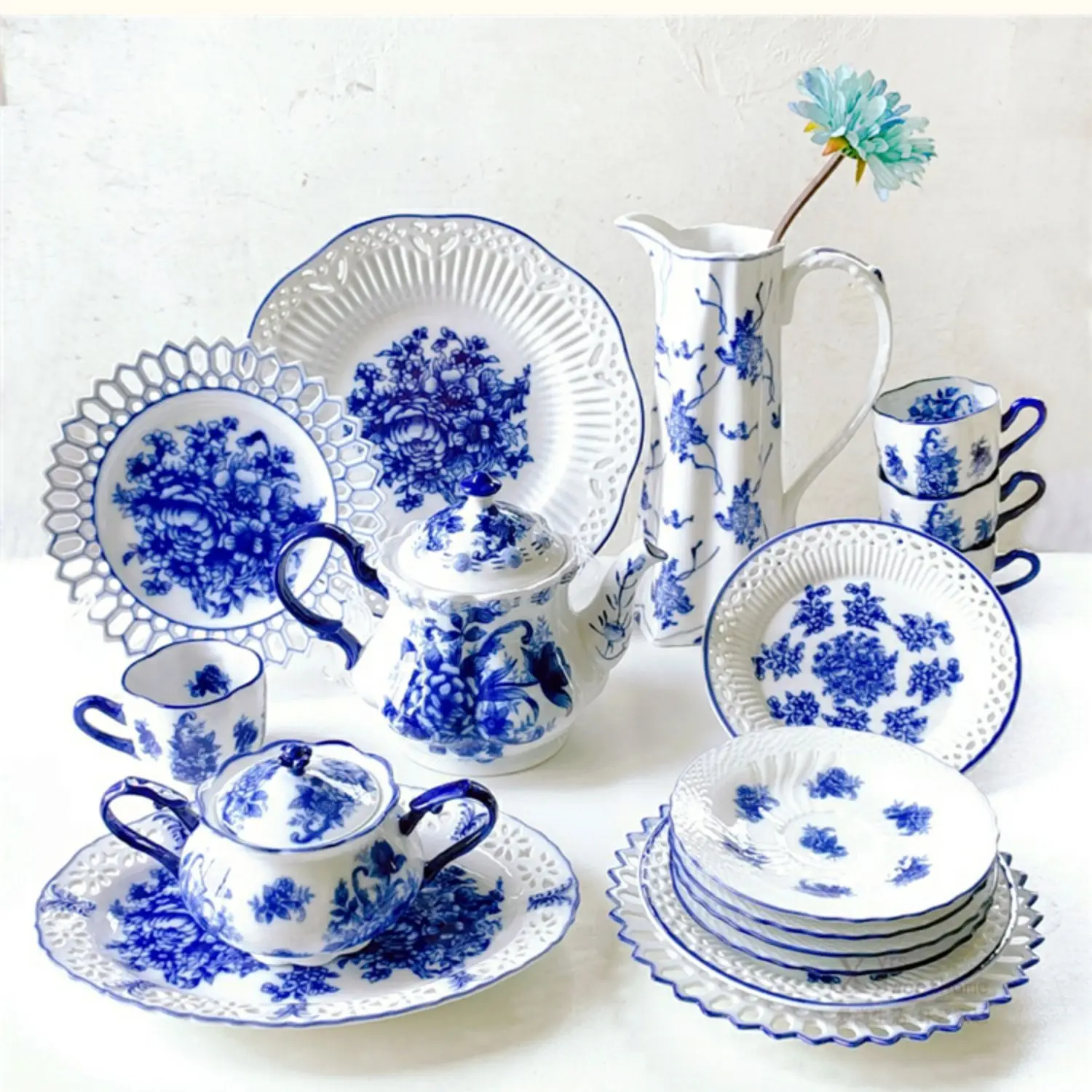 Keramické misky modrý a biely čaj nastaviť openwork doska starožitný porcelán cukru, misa, váza tanier dezertný hrnček, tanier popoludní kanvica 1