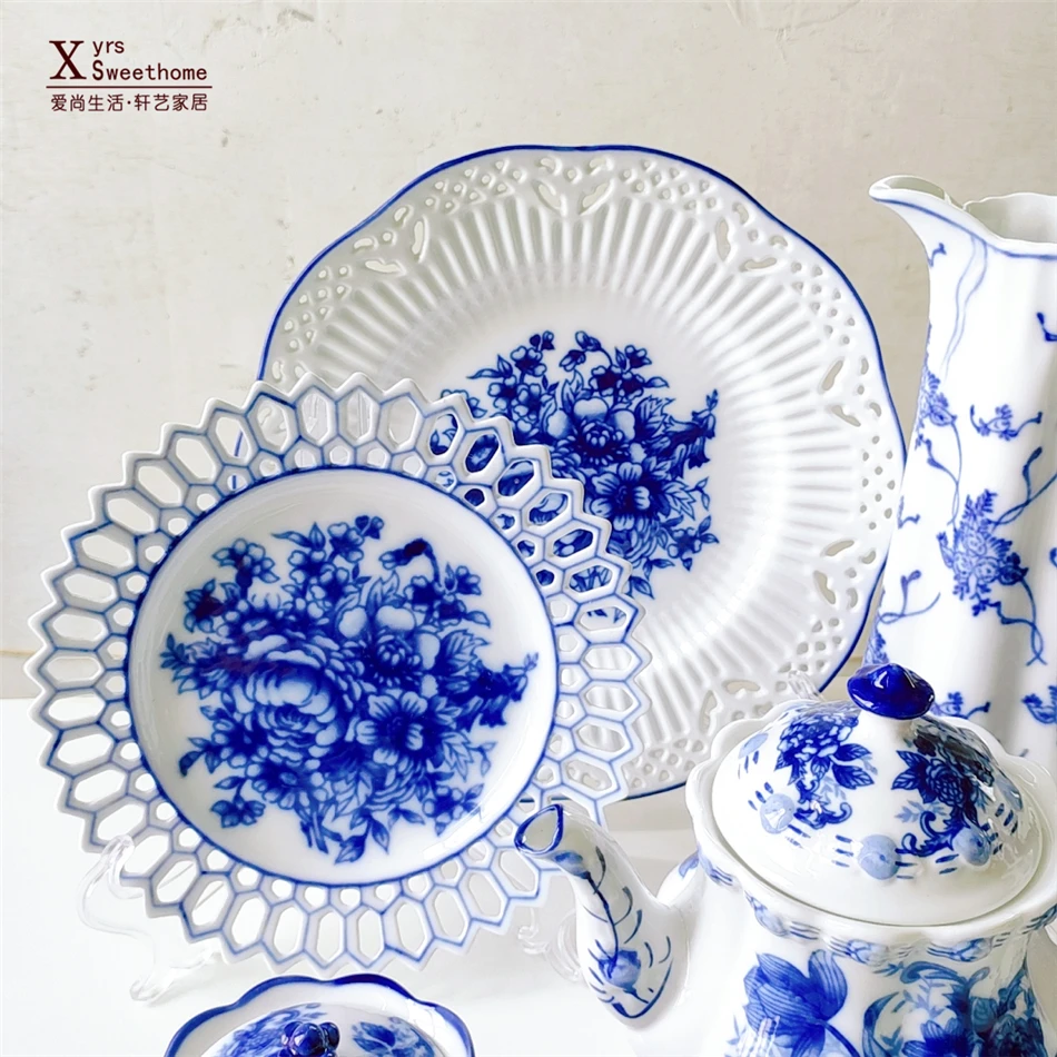 Keramické misky modrý a biely čaj nastaviť openwork doska starožitný porcelán cukru, misa, váza tanier dezertný hrnček, tanier popoludní kanvica 4
