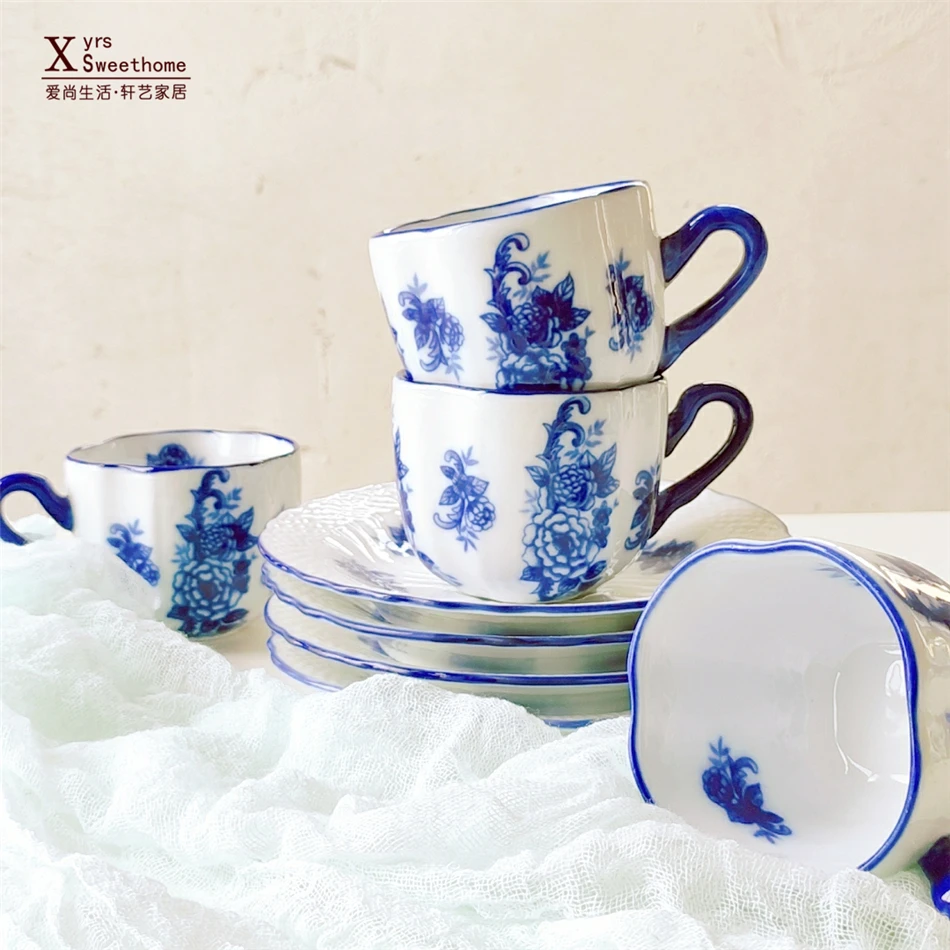 Keramické misky modrý a biely čaj nastaviť openwork doska starožitný porcelán cukru, misa, váza tanier dezertný hrnček, tanier popoludní kanvica 5