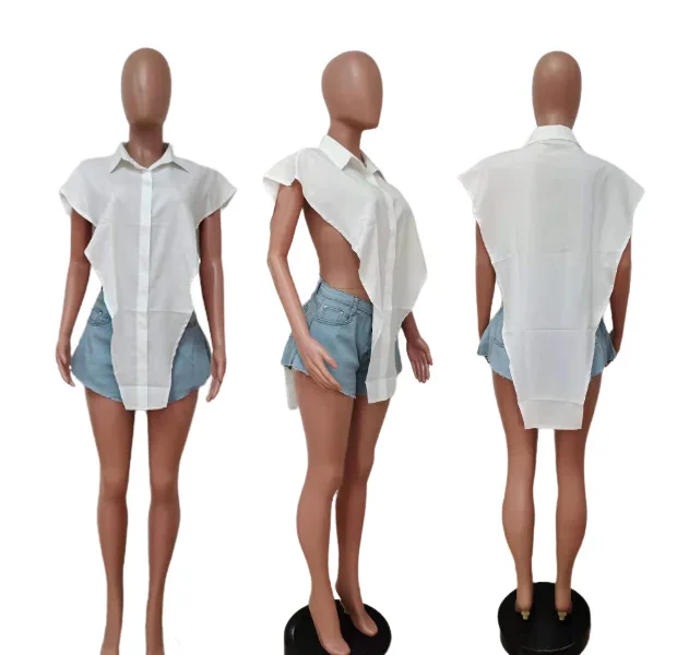 Blúzky Topy Sexy Vystrihnúť Bočné Tlačidlo Hore Biele Tričko Ženy Módne Odevy bez Rukávov Streetwear dámske Tričká 0