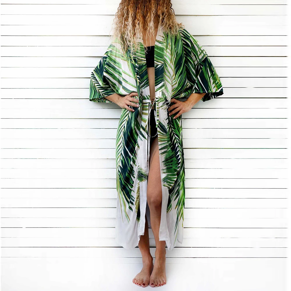 2021 Boho Sexy Ženy, Plavky, Plážové Oblečenie Cardigan Kimono Dlhé Voľné Plus Veľkosť Vytlačené Pareo Bikini Zakryť Leto, Voľný Čas, Župan 2