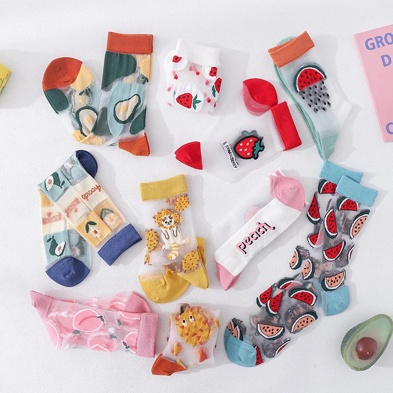 Novinka Crystal Hodváb Dlhé Ponožky Harajuku Lete Ultra Tenké Transparentné Posádky Ponožky Karikatúra Tlače Japonský Štýl Roztomilý dámske Ponožky 1