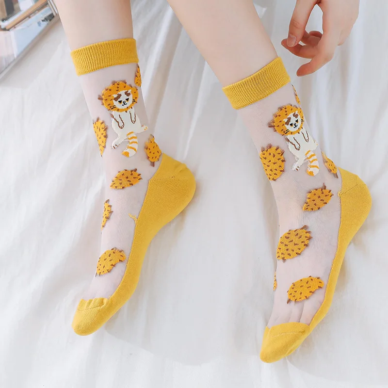 Novinka Crystal Hodváb Dlhé Ponožky Harajuku Lete Ultra Tenké Transparentné Posádky Ponožky Karikatúra Tlače Japonský Štýl Roztomilý dámske Ponožky 3