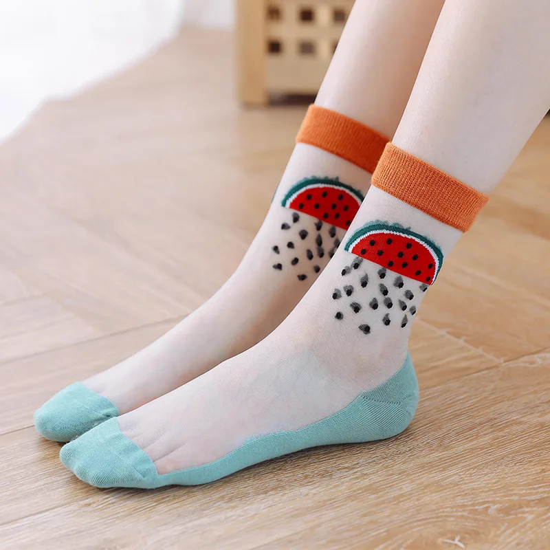 Novinka Crystal Hodváb Dlhé Ponožky Harajuku Lete Ultra Tenké Transparentné Posádky Ponožky Karikatúra Tlače Japonský Štýl Roztomilý dámske Ponožky 4