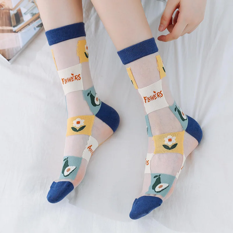 Novinka Crystal Hodváb Dlhé Ponožky Harajuku Lete Ultra Tenké Transparentné Posádky Ponožky Karikatúra Tlače Japonský Štýl Roztomilý dámske Ponožky 5