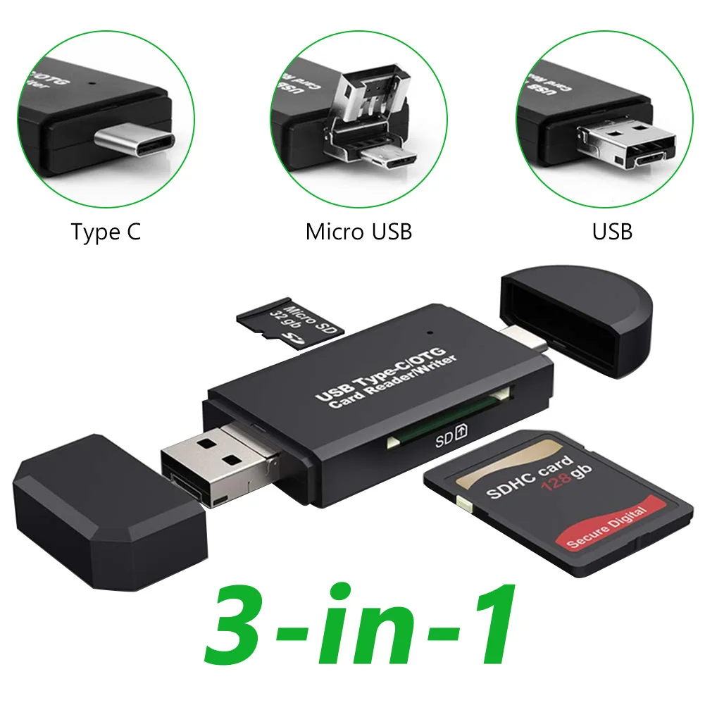OTG 3 v 1 (SD TF Flash Card vysokorýchlostný Memeory 3.0 CardReader pre Samsung Huawei Adaptér Typ C Micro USB 2.0 Čítačka Kariet 3