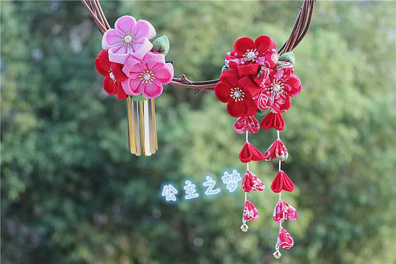 Japonský Štýl Sakura Crape Kanzashi Vlasy Ornament Wisteria Strapce Kvet Červený Ružové Kimono Yukata Vlásenky Príslušenstvo Ručné Jap 2