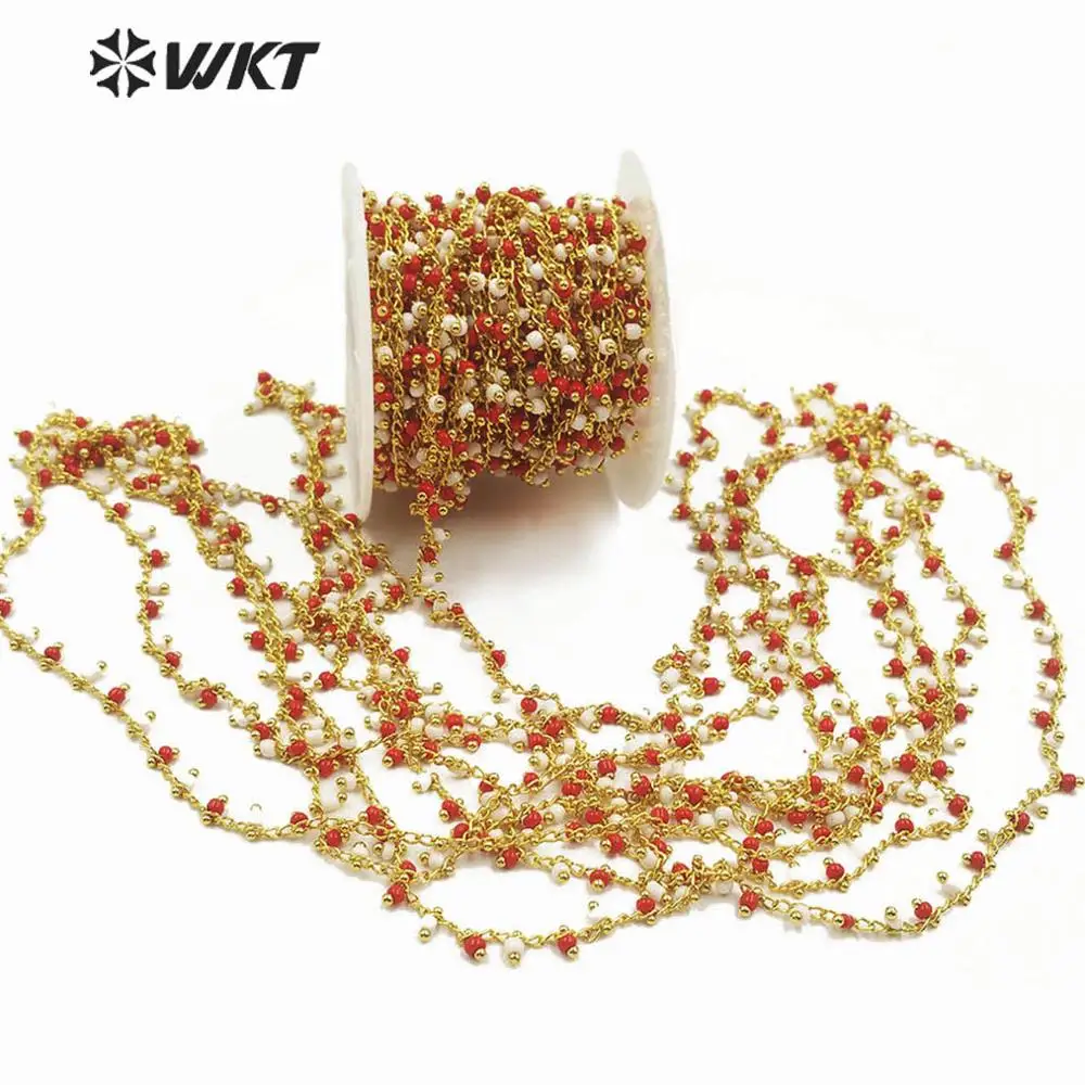 WT-RBC126 WKT Multi Červená A Biela Crystal Korálky Zlato elektrolyticky pokrývajú Drôt Zabalené Drobných Perličiek Ruženec Reťazca Pre Ženy Štýlové Šperky 1
