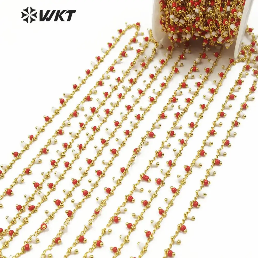 WT-RBC126 WKT Multi Červená A Biela Crystal Korálky Zlato elektrolyticky pokrývajú Drôt Zabalené Drobných Perličiek Ruženec Reťazca Pre Ženy Štýlové Šperky 2
