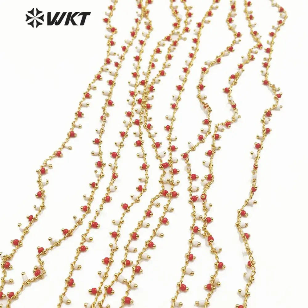 WT-RBC126 WKT Multi Červená A Biela Crystal Korálky Zlato elektrolyticky pokrývajú Drôt Zabalené Drobných Perličiek Ruženec Reťazca Pre Ženy Štýlové Šperky 3