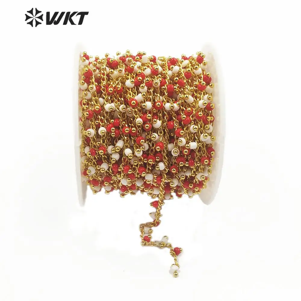 WT-RBC126 WKT Multi Červená A Biela Crystal Korálky Zlato elektrolyticky pokrývajú Drôt Zabalené Drobných Perličiek Ruženec Reťazca Pre Ženy Štýlové Šperky 4