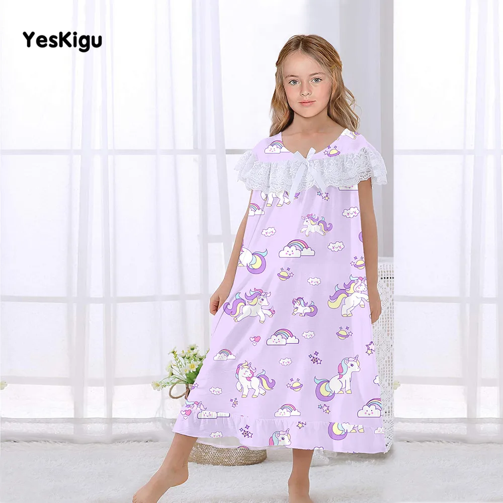 Detské letné Nočné Šaty Dievčatá Sleepwear Cartoon 3D Jednorožec Roztomilý Voľné Voľný čas Nosiť Šaty Galaxy Nightgown Čipky Pyžamá 4