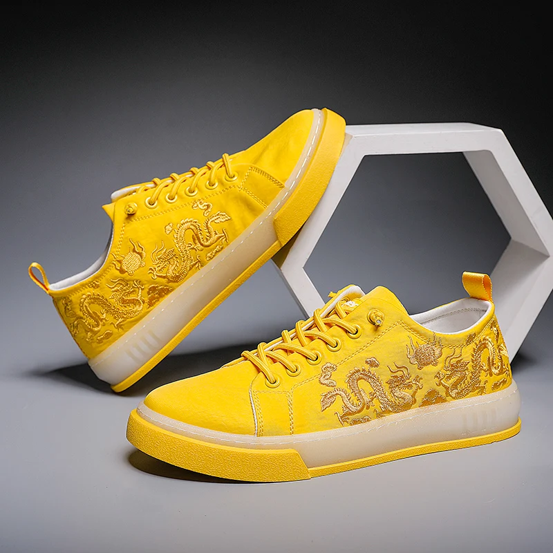 Tenisky Dragon Vyšívané Mens Návrhár Obuvi Bežné Mužov Topánky Pohodlné Tenisky Čína Žltá Tenisky Mužov Zapatos De Lona 2