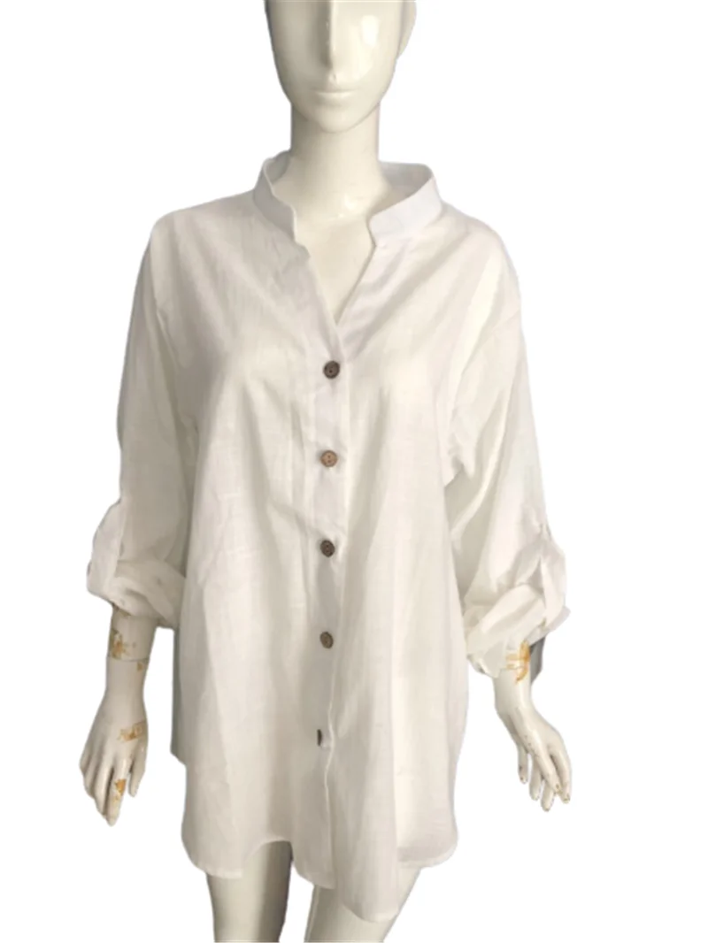 Móda Vytiahnuť Rukáv Bavlny A Konope Dlhé Biele Tričko Ženy Jeseň Bežné Tvaru Priesvitné Voľné Blúzky Nadrozmerné Streetwear 1