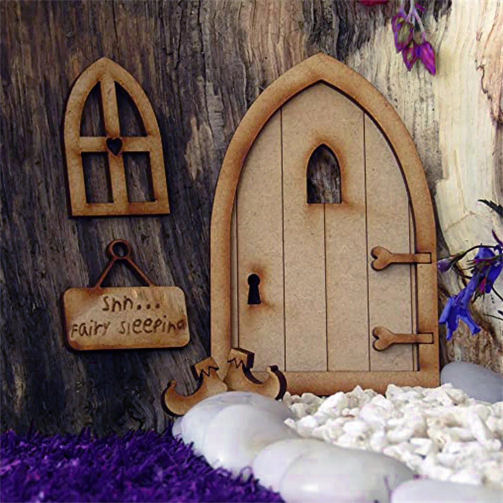 Mini Arch Ručne Vyrobené Roztomilé Ružové Víla Dvere Myšou Diery, Miniatúrne Drevené Dvere S Bunting A Personalizované Podpísať Príspevok 0