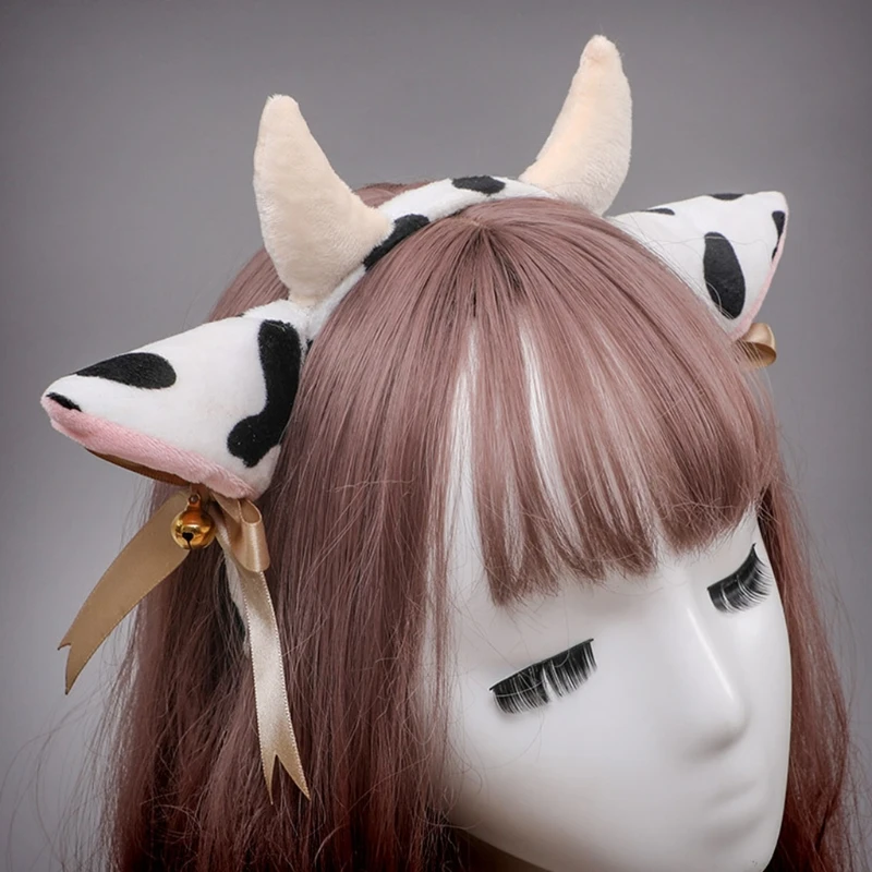 2021 Nové Kreslené Plyšové Krava Uši hlavový most s Zvony Stuhou Luku Anime Lolita Vlasy Hoop Kawaii Zvierat Strany Cosplay Headpiece 1