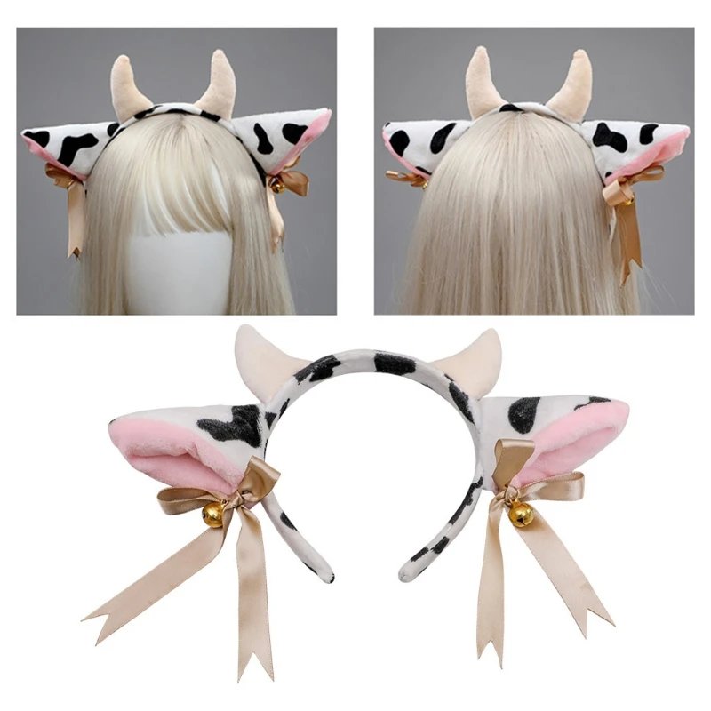 2021 Nové Kreslené Plyšové Krava Uši hlavový most s Zvony Stuhou Luku Anime Lolita Vlasy Hoop Kawaii Zvierat Strany Cosplay Headpiece 5