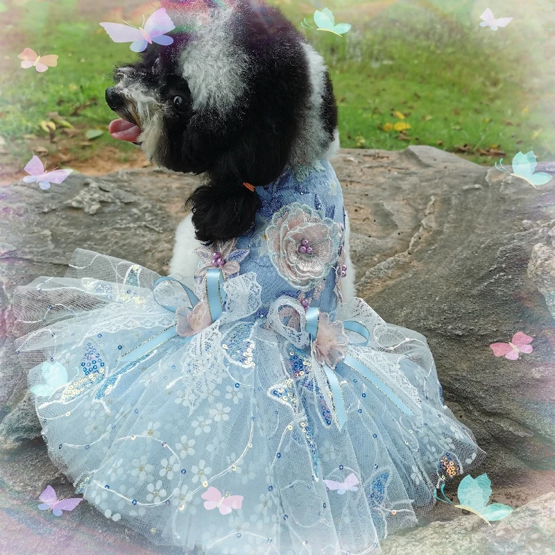Doprava Zadarmo Ručné Psie Oblečenie Princezná Šaty Sky Blue Pearl Vyšívať Kvety Sequin Čipky Viac Vrstiev Tylu Sukne Pet 4