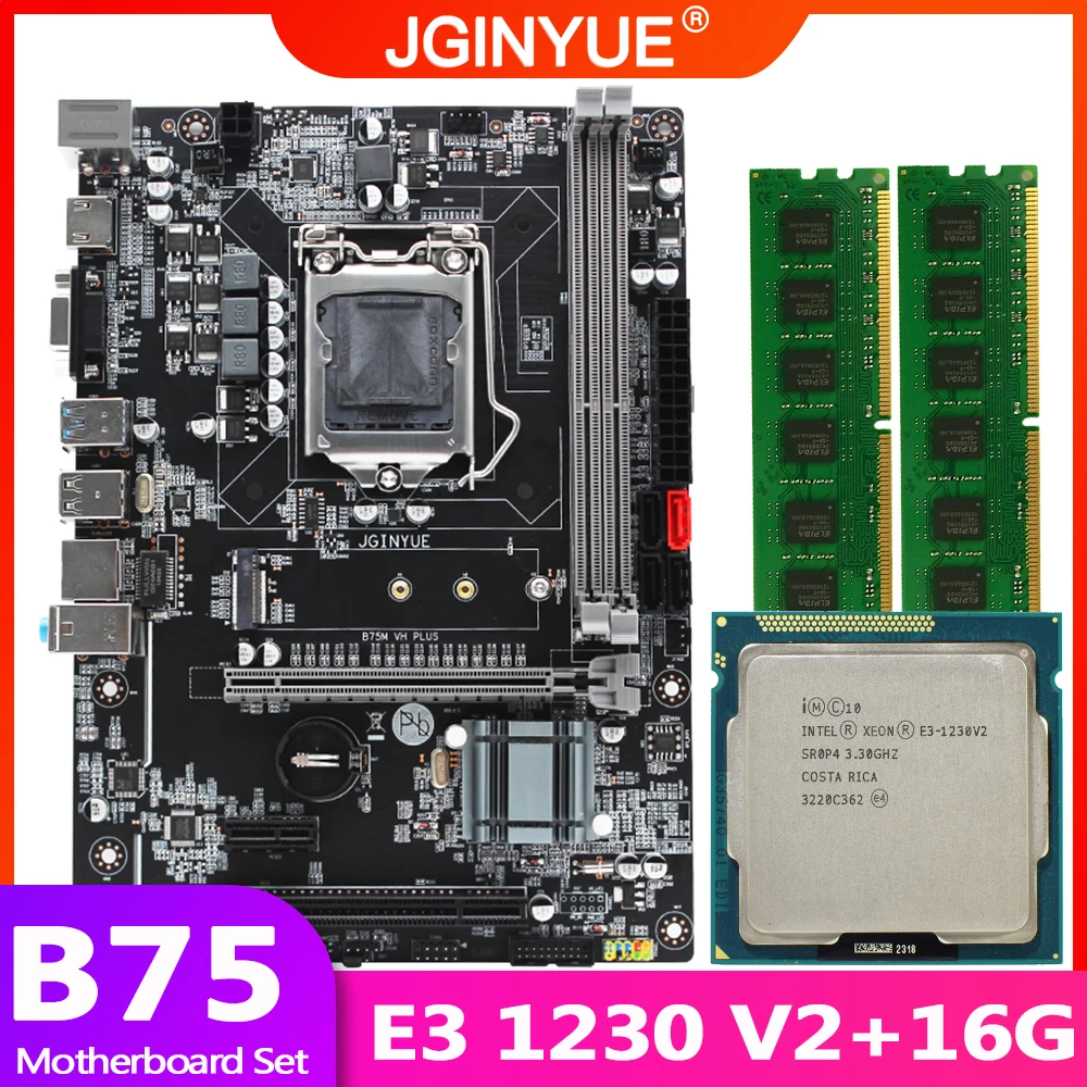 JGINYUE B75 doske LGA 1155 set kit s Xeon E3 1230 V2 procesora a pamäťových modulov DDR3 16GB(2*8GB) Ploche pamäť B75M-VH PLUS 1