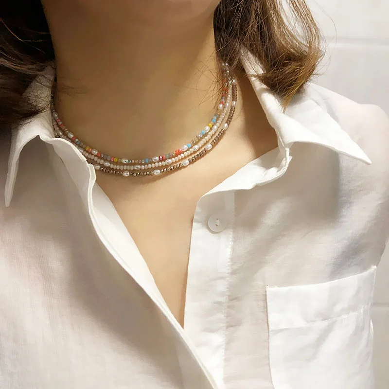 Nové Farebné Malé Krištáľové Perly Reťazca Golier Náhrdelník pre Ženy Perlový Náhrdelník Choker dámske Krátke Krku Reťaze Perly Šperky 2