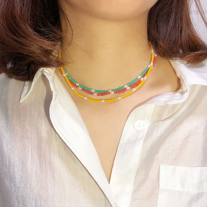 Nové Farebné Malé Krištáľové Perly Reťazca Golier Náhrdelník pre Ženy Perlový Náhrdelník Choker dámske Krátke Krku Reťaze Perly Šperky 3