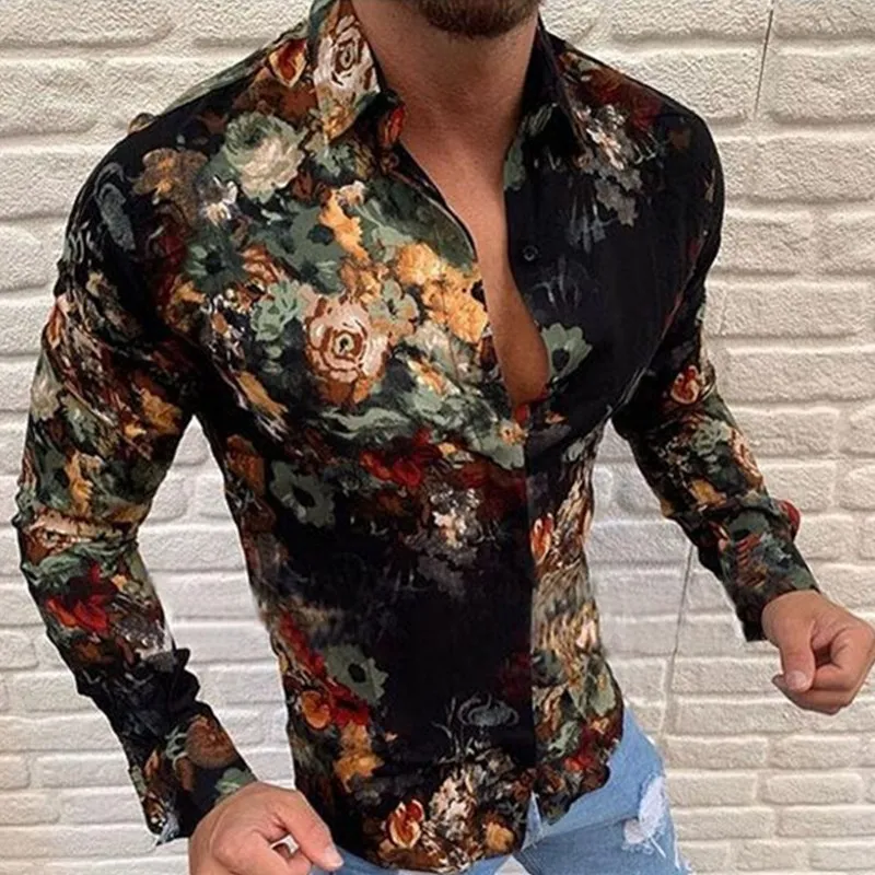 2021 nové módne bavlna dlho puzdre tričko 3D tlač slim fit mužov sociálne bežné obchodné formálne tričko 1