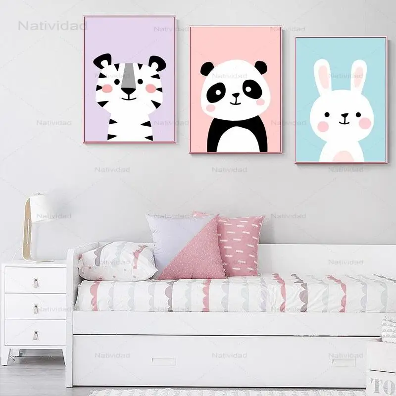 Wall Art Baby Zvieratá Vytlačí Bunny Panda, Tiger Plagát Krásne Plátno Na Maľovanie Roztomilý Škôlky, Baby, Dievčatá, Izba Dekorácie, Obrázky 2