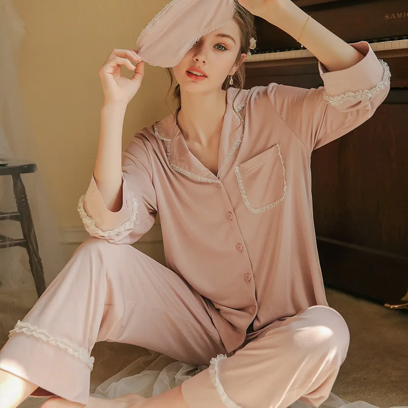 Pyžamo Ženy Ležérne Módne Dlhý Rukáv Pyžamo Nastaviť INY Lady Sleepwear Čipky Modálne Pyžamá pre Ženy 5