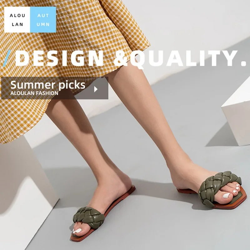 Ženy Tkané Papuče Ženy Pošmyknúť Na Diapozitívy Fashion Square Prst Kožené Ploché Sandál Papuče Ženské Vonkajšie Bežné Flip Flops 2