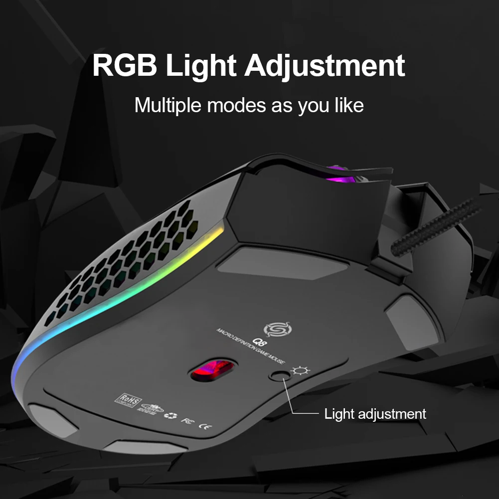 USB Káblové Gaming Mouse USB Nabíjateľné 7200dpi Nastaviteľné RGB Podsvietenie Duté Z Plástu Office Hráč Myší 3