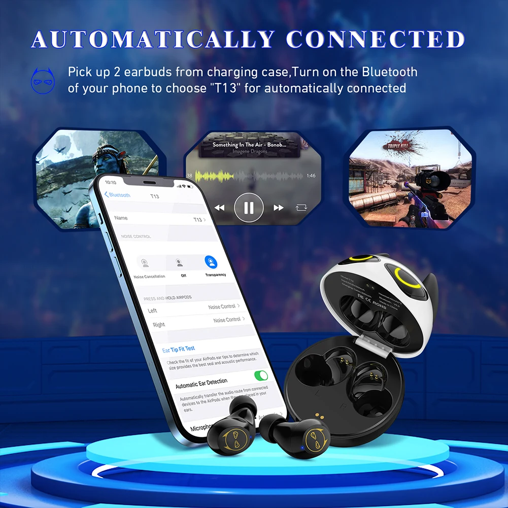 Čierna + Biela ABS + Pletená Čistý Prenosné Audio Pravda Bezdrôtové Slúchadlá ONIKUMA T12 Bluetooth 5.0 Headset s Nabíjanie Prípade 2