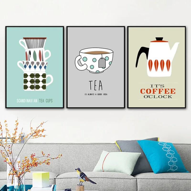 Káva, Čaj, Poháre Cartoon Plátno Na Maľovanie Moderné Domáce Dekorácie Umenie Nordic Plagáty A Vytlačí Modulárny Obrazov Na Stenu Pre Kuchyňa 1