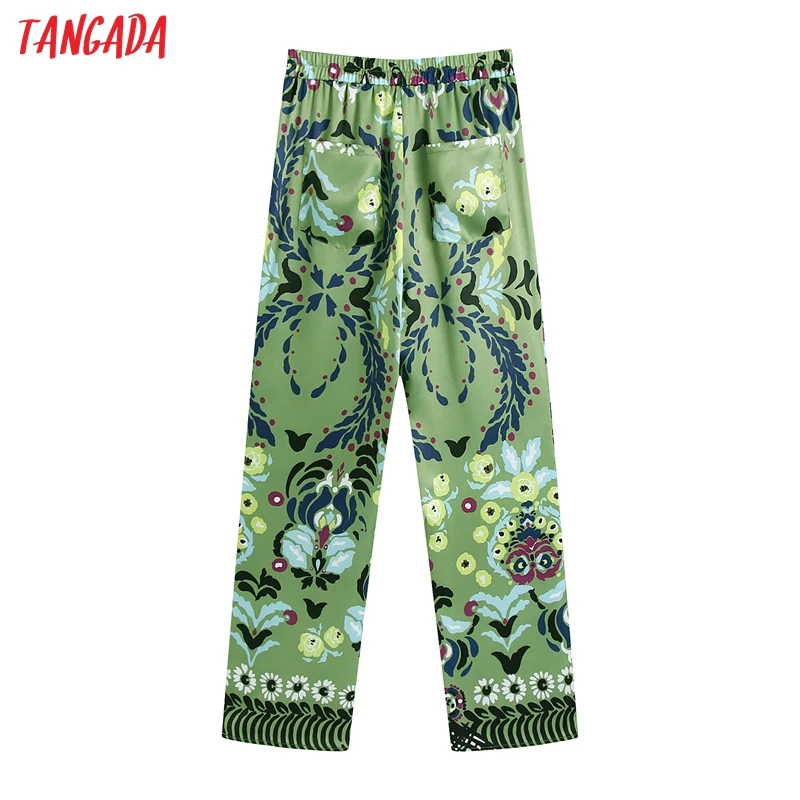 Tangada 2021 Ženy Zelený Kvetinový Tlač Dlhé nohavice Nohavice, Vintage Štýl Strethy Pás Lady Nohavice Pantalon BE963 1