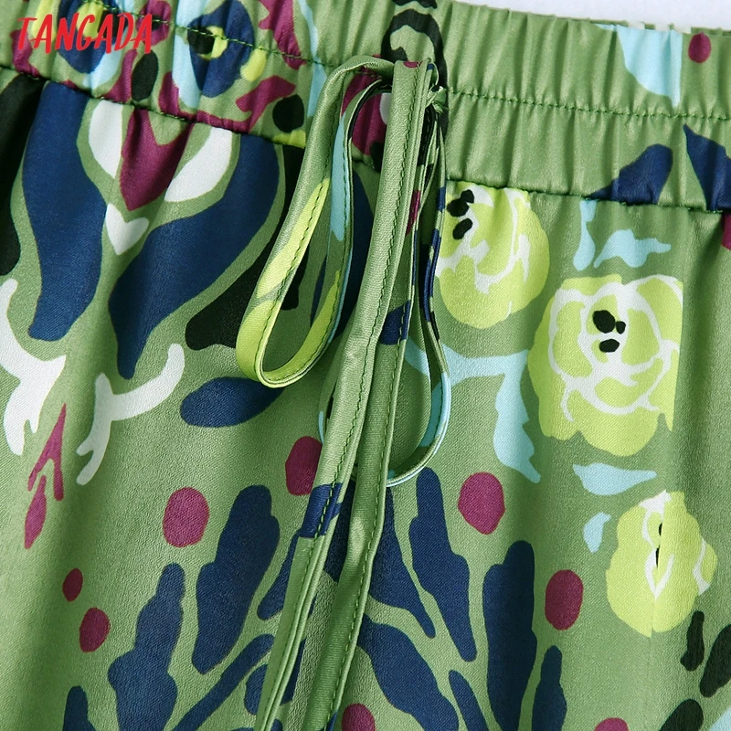 Tangada 2021 Ženy Zelený Kvetinový Tlač Dlhé nohavice Nohavice, Vintage Štýl Strethy Pás Lady Nohavice Pantalon BE963 2