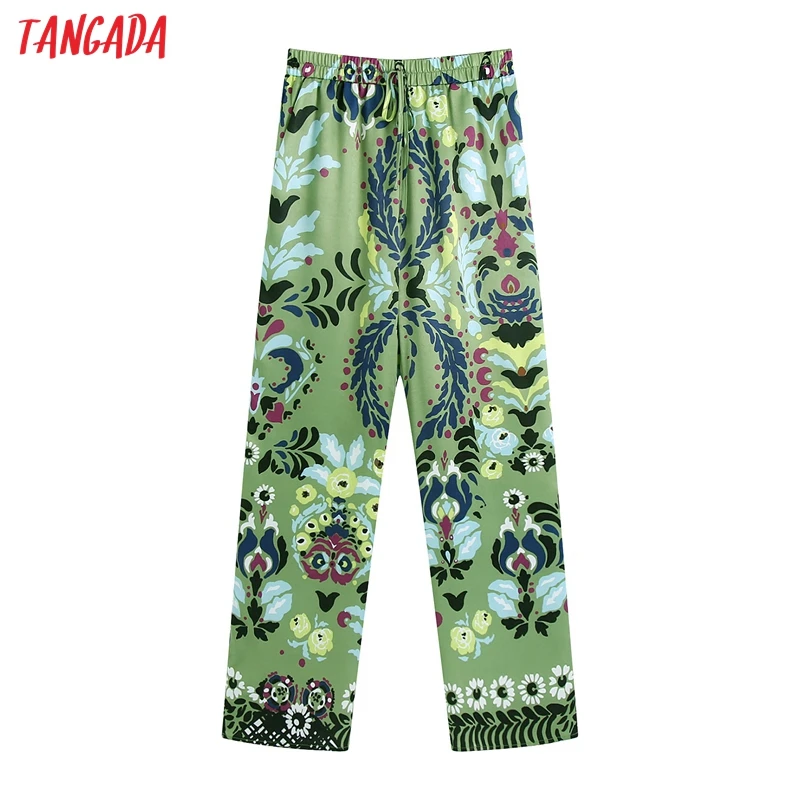 Tangada 2021 Ženy Zelený Kvetinový Tlač Dlhé nohavice Nohavice, Vintage Štýl Strethy Pás Lady Nohavice Pantalon BE963 5