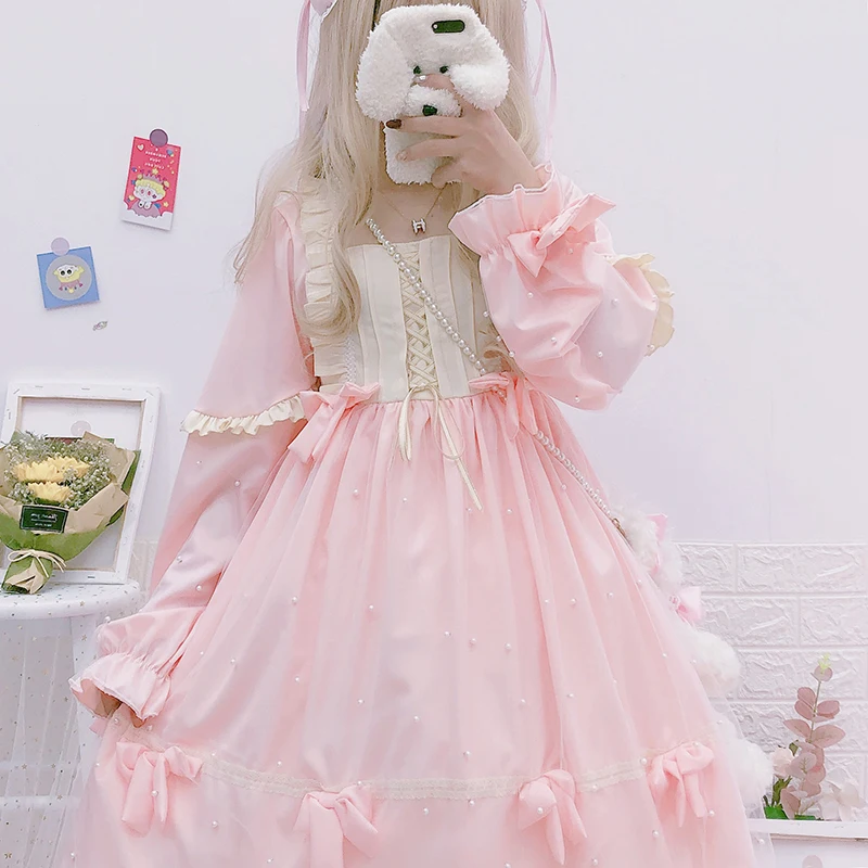 Pearl Bábika Princess Tea Party Sladké Lolita Šaty Elegantné Vintage Bowknot Japonský Sladké Viktoriánskej Šaty Kawaii Dievča Loli OP 0