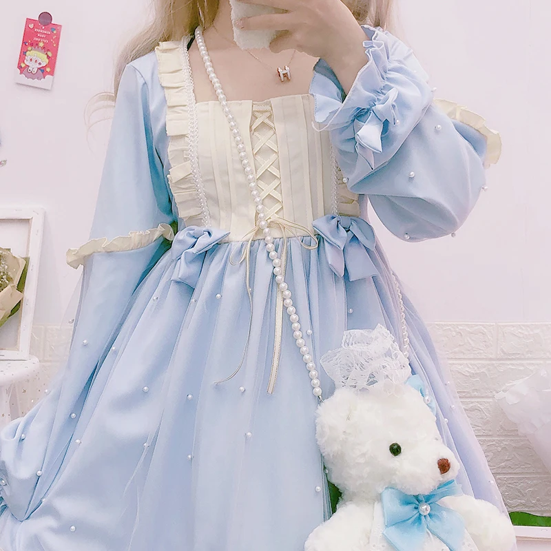 Pearl Bábika Princess Tea Party Sladké Lolita Šaty Elegantné Vintage Bowknot Japonský Sladké Viktoriánskej Šaty Kawaii Dievča Loli OP 5
