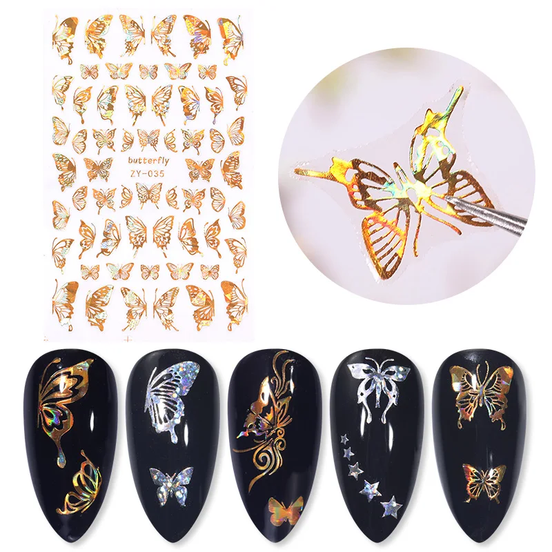 1Pcs Holographics 3D Butterfly Nail Art Nálepky, Lepiace Jazdcov Laser Farbu Zlata, Striebra DIY Nechtov Prenos Obtlačky Fólie Zábaly 2