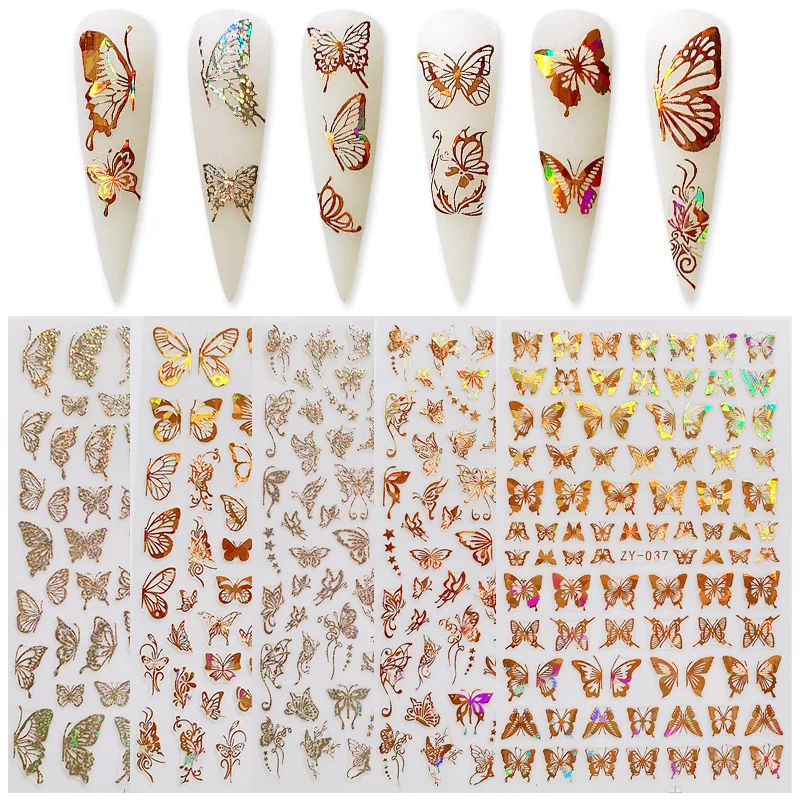 1Pcs Holographics 3D Butterfly Nail Art Nálepky, Lepiace Jazdcov Laser Farbu Zlata, Striebra DIY Nechtov Prenos Obtlačky Fólie Zábaly 3