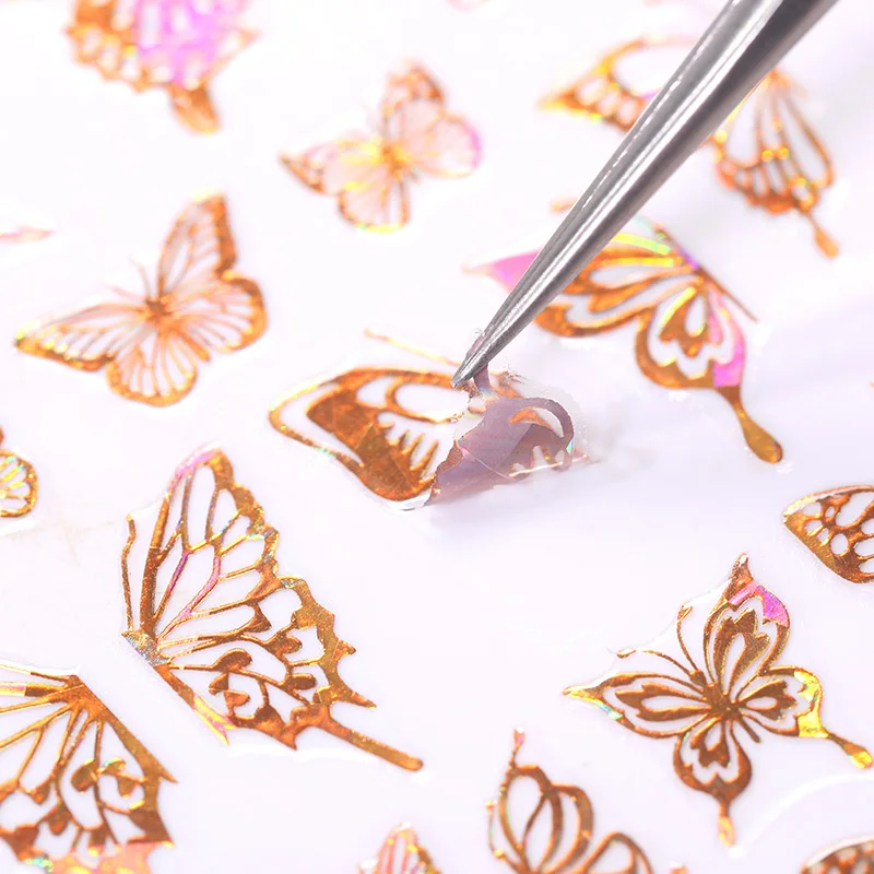 1Pcs Holographics 3D Butterfly Nail Art Nálepky, Lepiace Jazdcov Laser Farbu Zlata, Striebra DIY Nechtov Prenos Obtlačky Fólie Zábaly 5