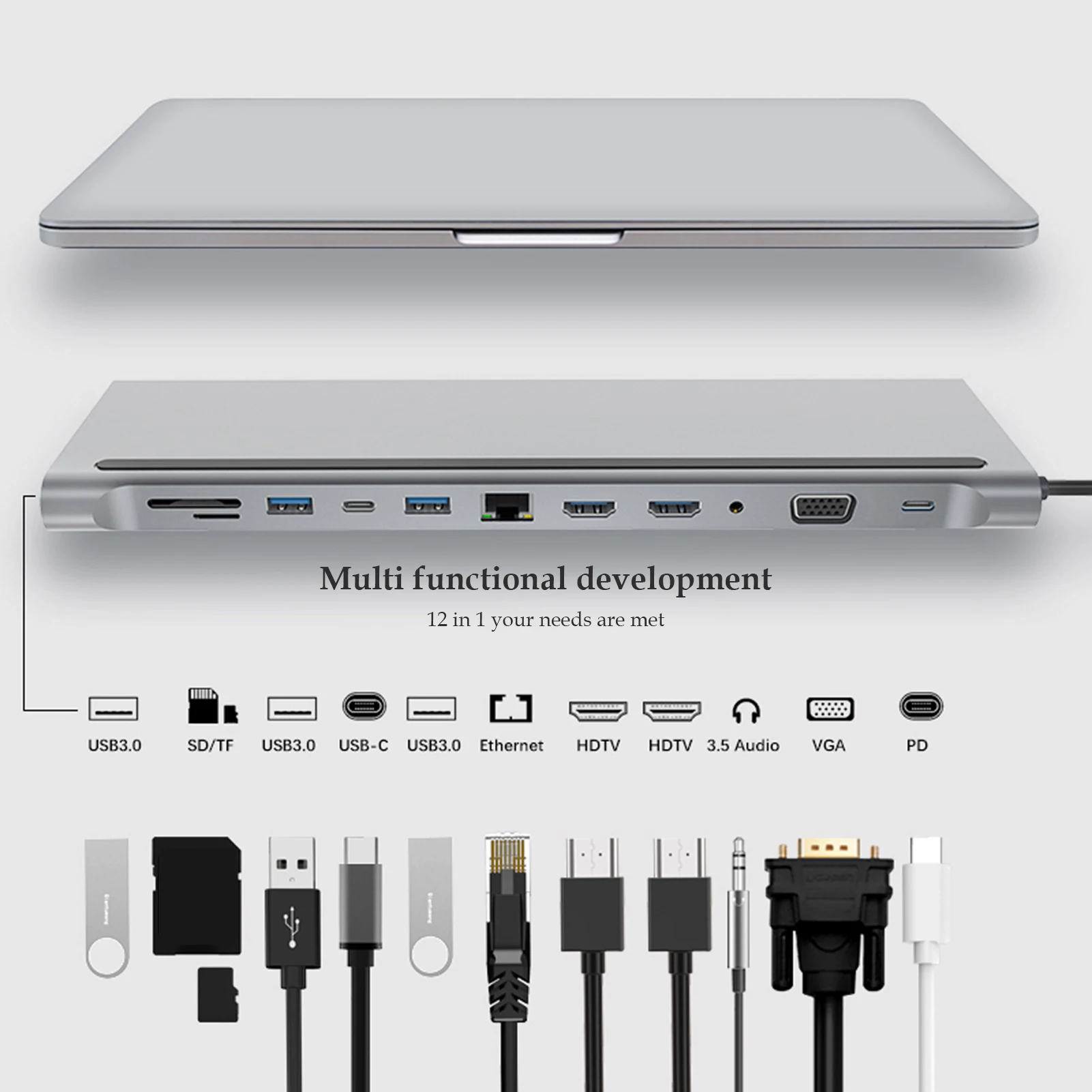 12-v-1 Typ-C HUB 4K Dokovacej stanice dual kompatibilný s HDMI Ethernet USB 3.0, Audio Jack Viacportová 4-port USB Adaptér pre MacBook 5