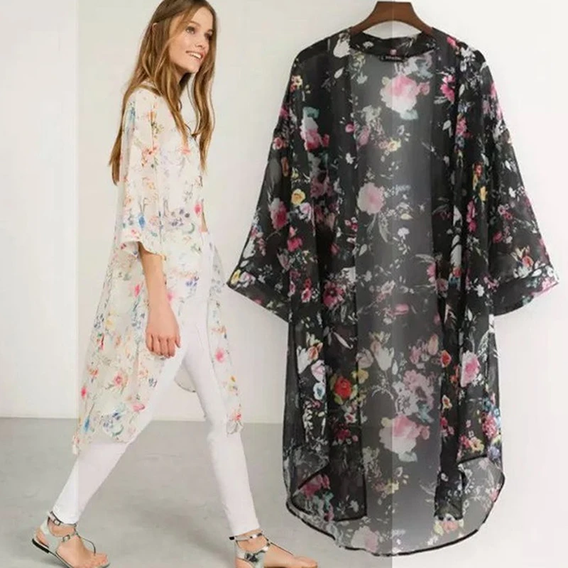 Ženy Bežné Vintage Kimono Dámy Cardigan 2020 Letné Dlhé Háčkovanie Šifón Kimono Preto Voľné Flóry Tlačené, Blúzky, Topy Čierna 1